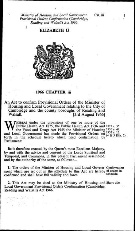 Ministry of Housing and Local Government Provisional Orders Confirmation (Cambridge, Reading and Walsall) Act 1966