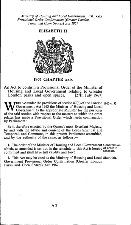Ministry of Housing and Local Government Provisional Order Confirmation  (Greater London Parks and Open Spaces) Act