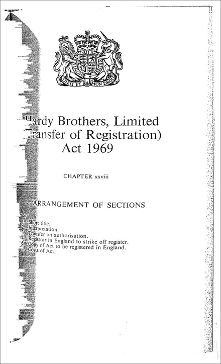 Hardy Brothers, Limited (Transfer of Registration) Act 1969