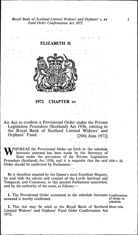 Royal Bank of Scotland Limited Widows' and Orphans' Fund Order Confirmation Act 1972