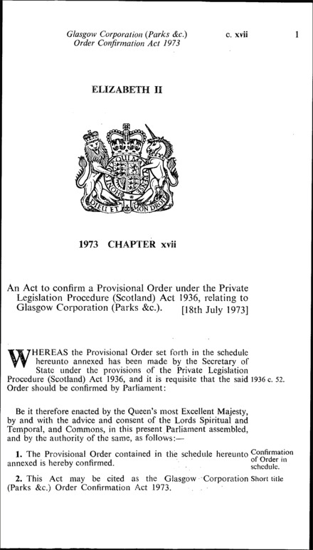 Glasgow Corporation (Parks, &c.) Order Confirmation Act 1973