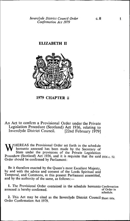 Inverclyde District Council Order Confirmation Act 1979