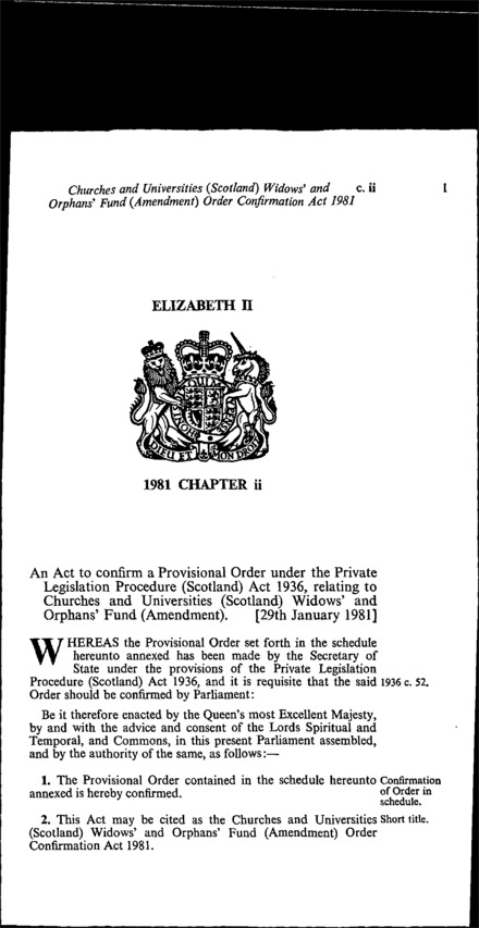Churches and Universties (Scotland) Widows' and Orphans' Fund (Amendment) Order Confirmation Act 1981