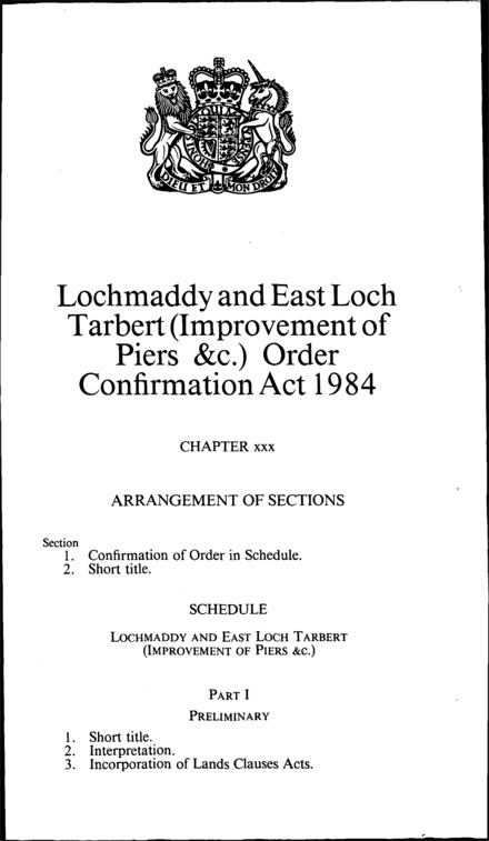Lochmaddy and East Loch Tarbert (Improvement of Piers) Order Confirmation Act 1984