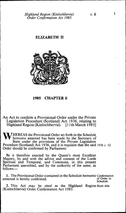 Highland Region (Kinlochbervie) Order Confirmation Act 1985