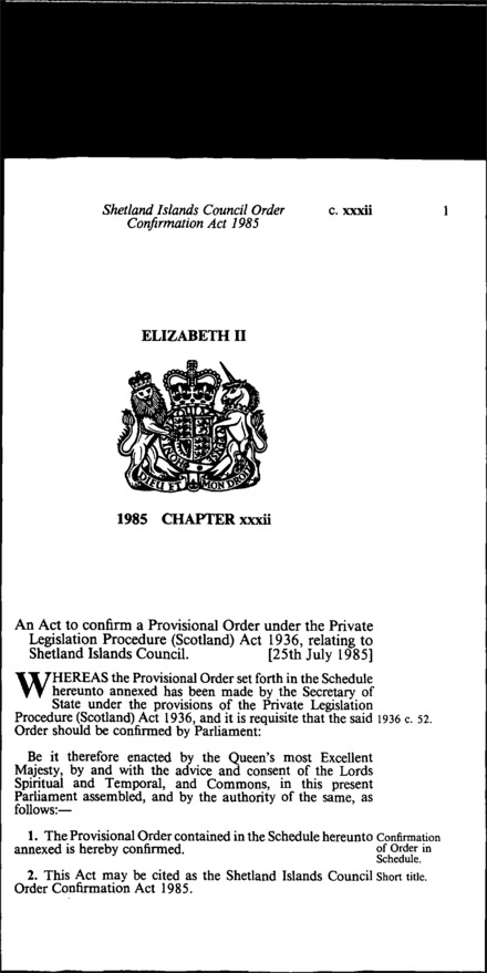 Shetlands Islands Council Order Confirmation Act 1985