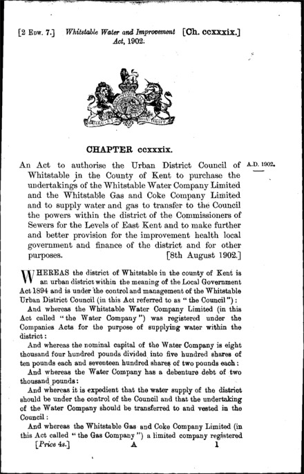 Whitstable Water and Improvement Act 1902