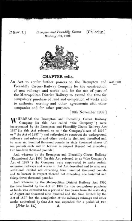 Brompton and Piccadilly Circus Railway Act 1902