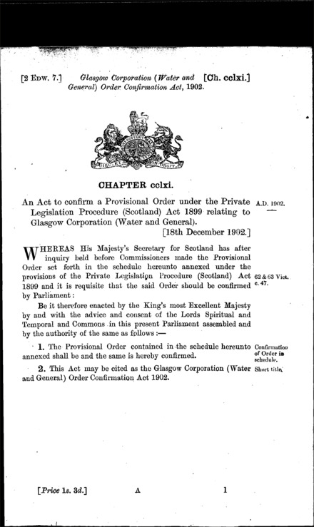 Glasgow Corporation (Water and General) Order Confirmation Act 1902