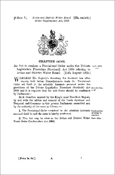 Irvine and District Water Board Order Confirmation Act 1903