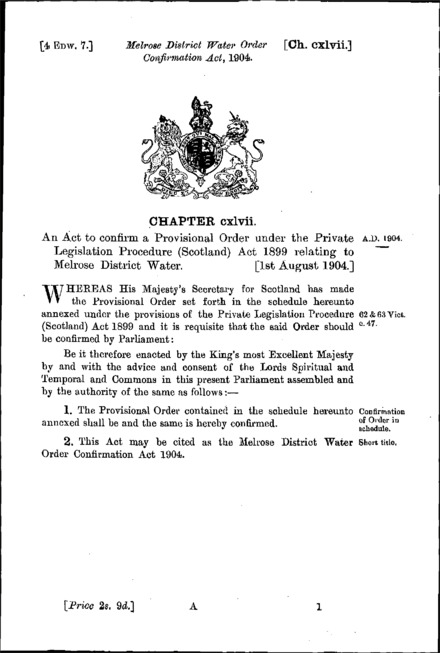 Melrose District Water Order Confirmation Act 1904