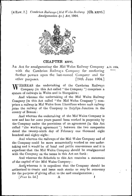Cambrian Railways (Mid Wales Railway Amalgamation, &c.) Act 1904