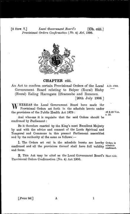 Local Government Board's Provisional Orders Confirmation (No. 4) Act 1906
