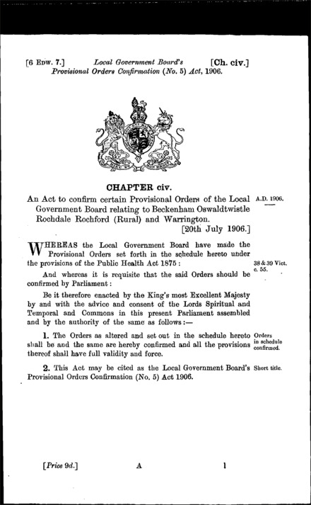 Local Government Board's Provisional Orders Confirmation (No. 5) Act 1906