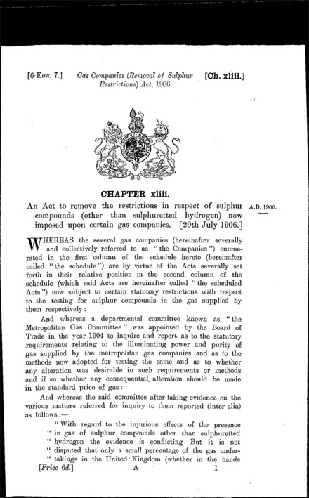 Gas Companies Removal of Sulphur Restrictions Act 1906