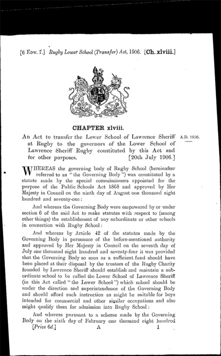 Rugby Lower School (Transfer) Act 1906