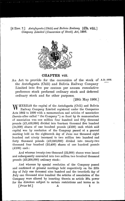Antofagasta (Chile) and Bolivia Railway (Conversion of Stock) Act 1906