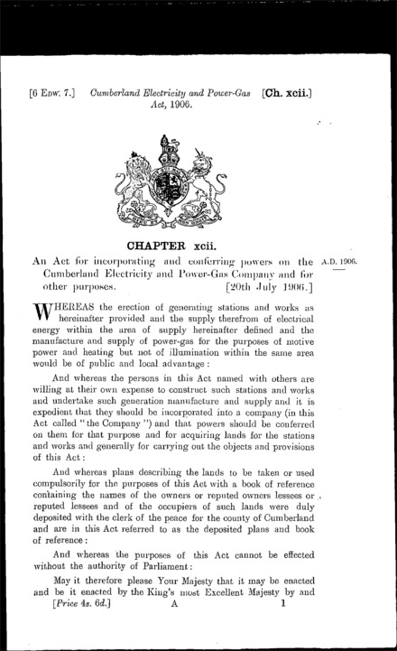 Cumberland Electricity and Power-Gas Act 1906