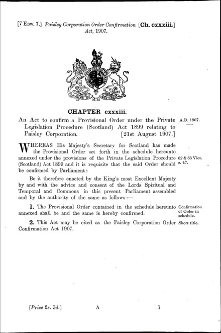 Paisley Corporation Order Confirmation Act 1907