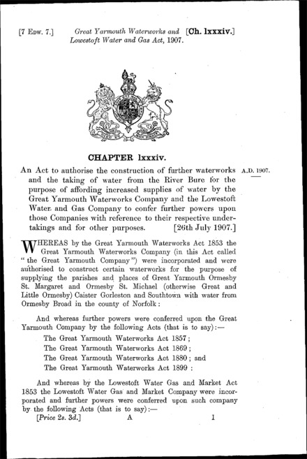 Great Yarmouth Waterworks and Lowestoft Water and Gas Act 1907