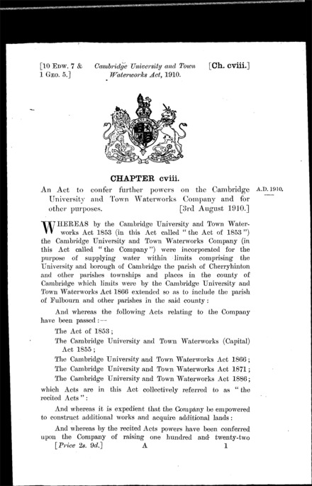 Cambridge University and Town Waterworks Act 1910