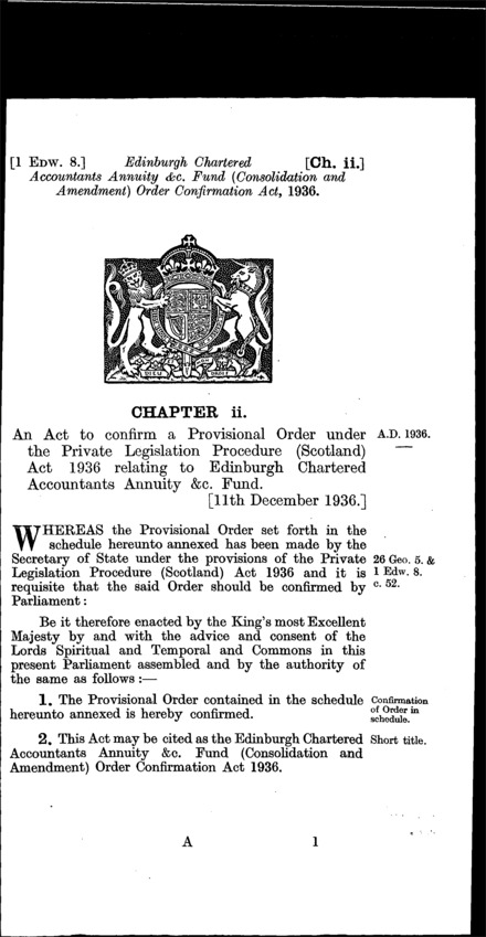 Edinburgh Chartered Accountants Annuity, &c. Fund (Consolidation and Amendment) Order Confirmation Act 1936