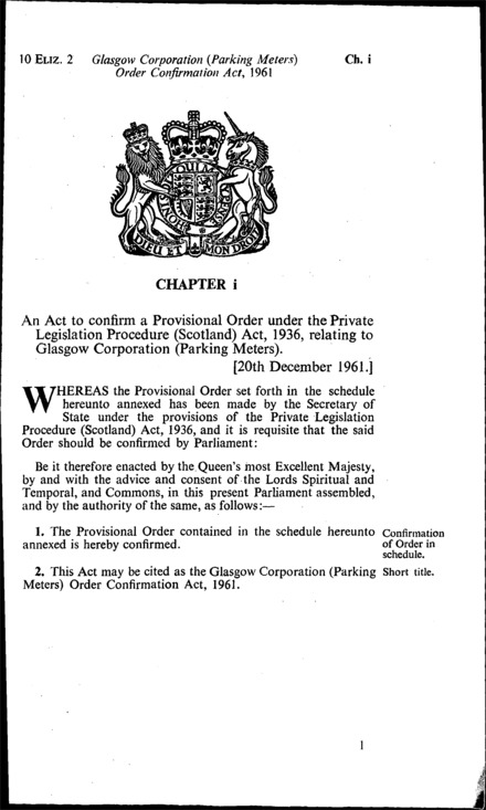 Glasgow Corporation (Parking Meters) Order Confirmation Act 1961