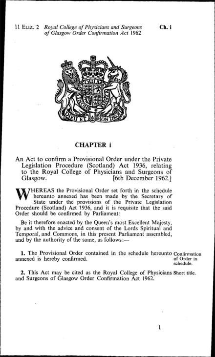 Royal College of Physicians and Surgeons of Glasgow Order Confirmation Act 1962