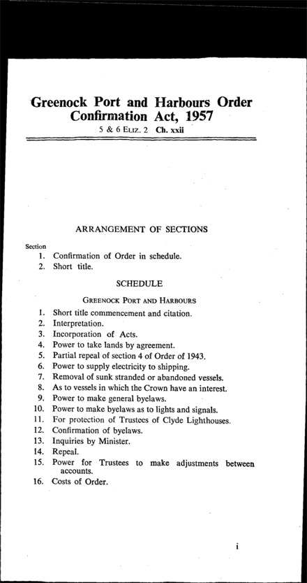 Greenock Port and Harbours Order Confirmation Act 1957