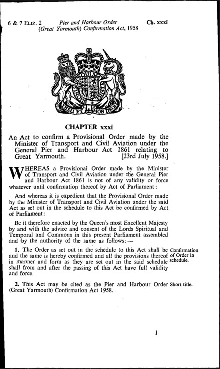 Pier and Harbour Order (Great Yarmouth) Confirmation Act 1958