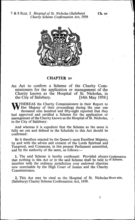 Hospital of St. Nicholas (Salisbury) Charity Scheme Confirmation Act 1959