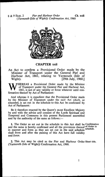 Pier and Harbour Order (Yarmouth (Isle of Wight)) Confirmation Act 1960