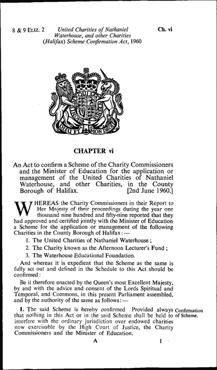 United Charities of Nathaniel Waterhouse and other Charities (Halifax) Scheme Confirmation Act 1960