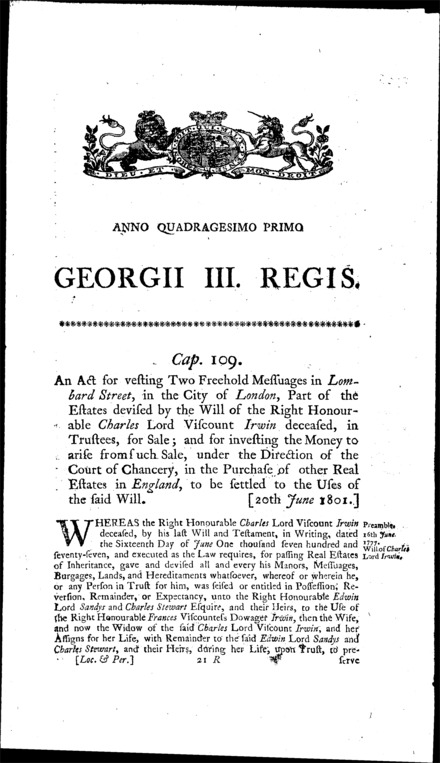 Viscount Irwin's Estate Act 1801