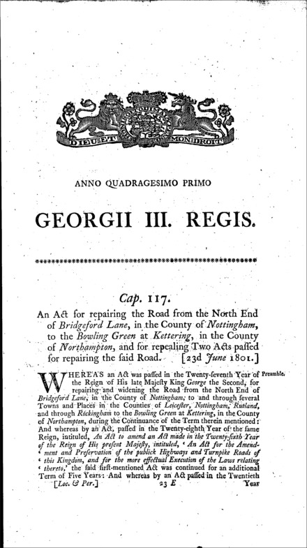 Road from Bridgford to Kettering Act 1801