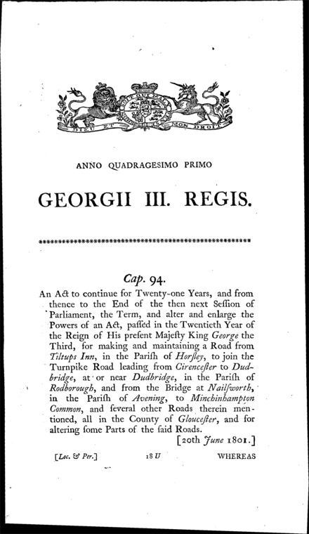 Horsley, Rodborough and Minchinhampton Road Act 1801