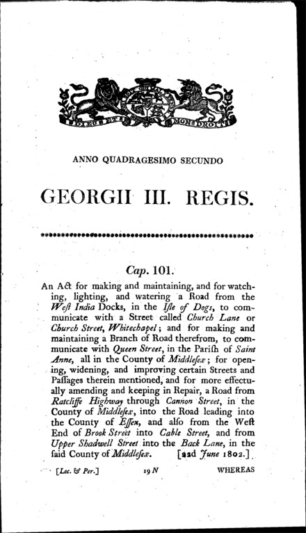 Roads from West India Docks Act 1802