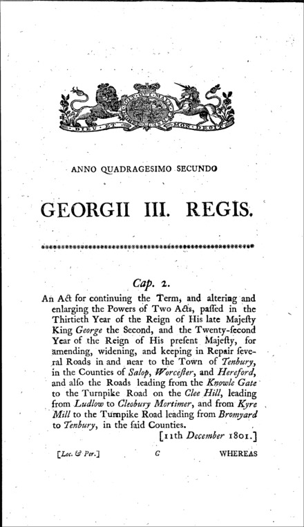 Tenbury Roads Act 1801