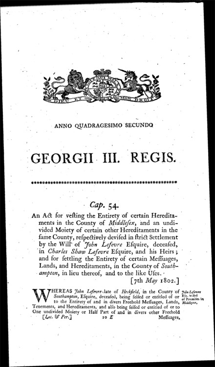 Lefevre's Estate Act 1802