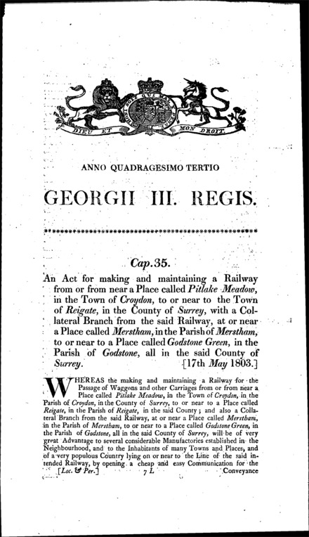Croydon, Merstham and Godstone Iron Railway Act 1803