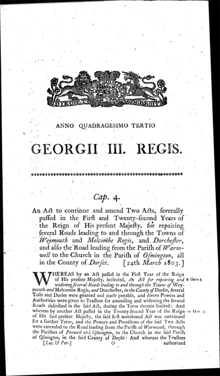 Weymouth, Melcombe Regis, Dorchester and Warmwell Roads Act 1803