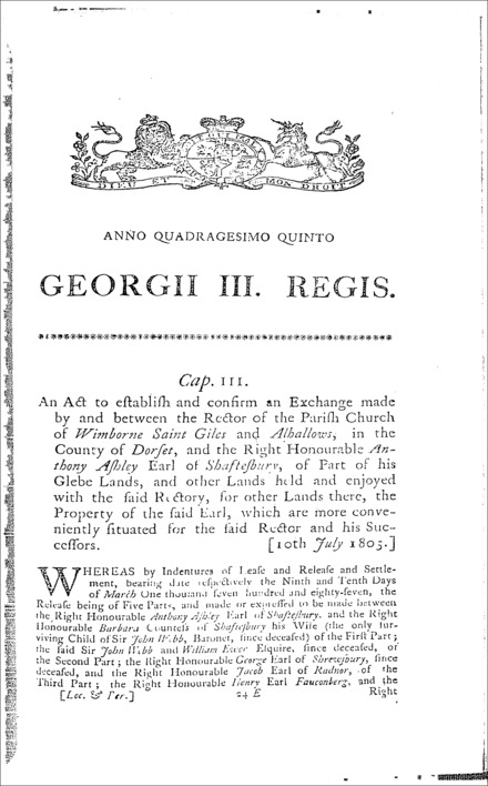 Wimborne St. Giles and Allhallows Glebe Lands and Earl of Shaftesbury's Estate Act 1805