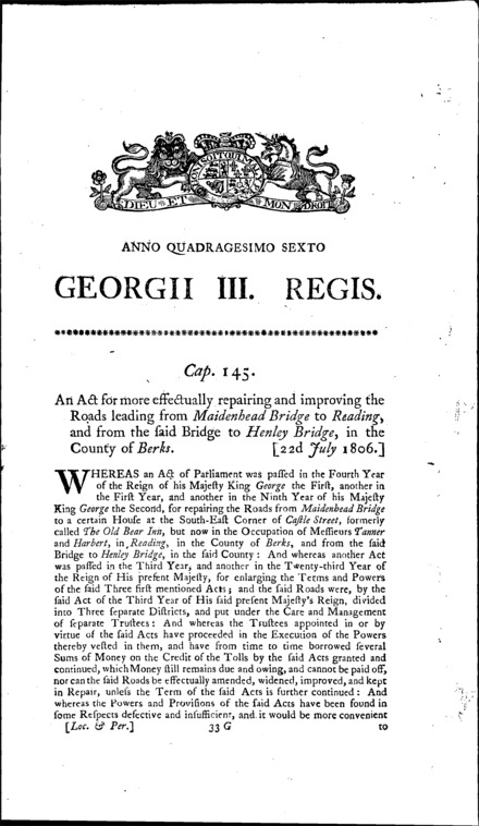 Roads from Maidenhead Bridge to Reading and to Henley Bridge Act 1806