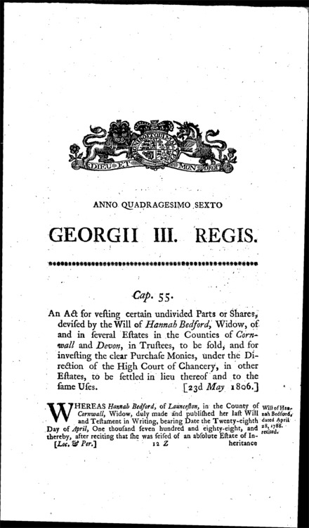 Hannah Bedford's Estate Act 1806