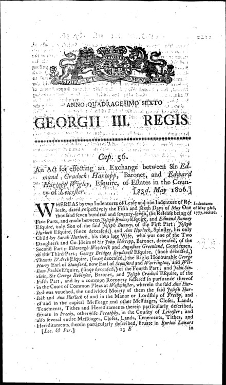 Hartopp and Wigley Estates Act 1806