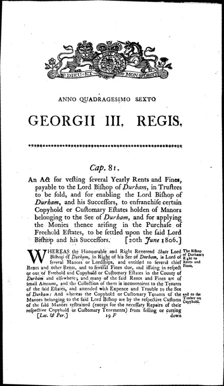 See of Durham Estate Act 1806