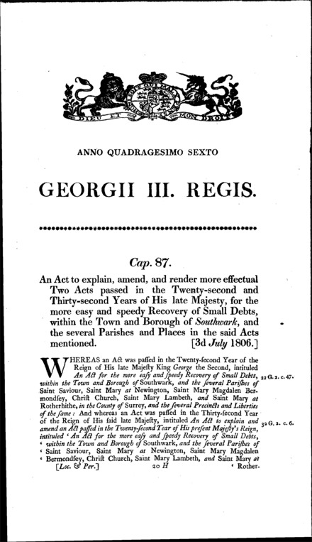 Southwark and East Brixton Court of Requests Act 1806