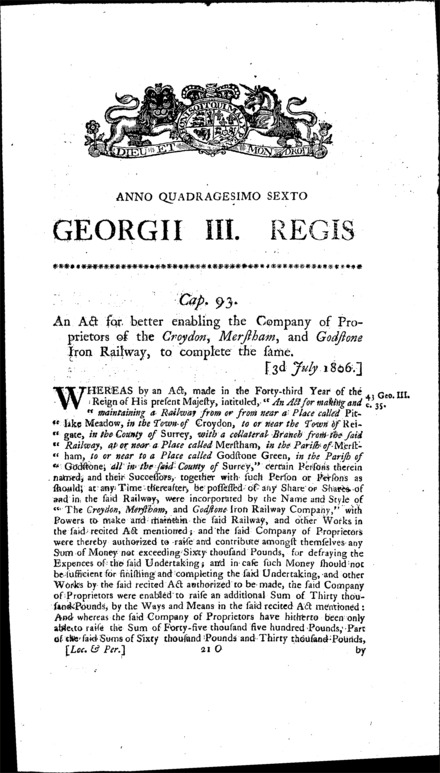 Croydon, Merstham and Godstone Iron Railway Act 1806