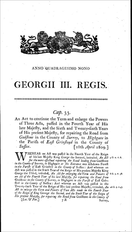 Road from Godstone to Highgate (Sussex) Act 1809