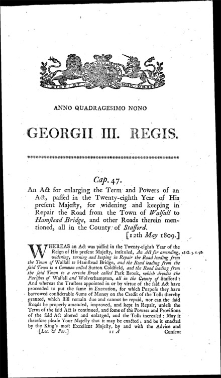 Walsall and Hamstead Bridge Road (Staffordshire) Act 1809